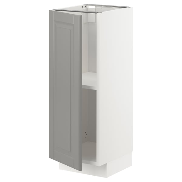 Soft grey kitchen cabinet, METOD, slim vertical design, bevelled door edges, white interior, adjustable shelf.