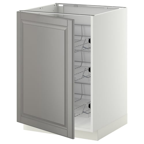 Modern kitchen cabinet: METOD in grey with bevelled edges, wire baskets, and sturdy particleboard frame.