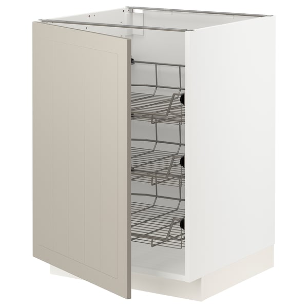 METOD kitchen cabinet in beige with pull-out wire baskets for pots and pans.