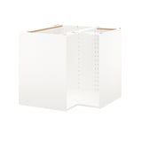 A white METOD kitchen cabinet. Its square-shaped with a hollow inside and pre-drilled holes on the sides for shelving.