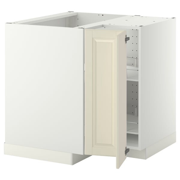 METOD kitchen: off-white cabinet with open door, bevelled edges, shelving.