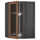 Modern corner kitchen cabinet in dark grey and walnut, with adjustable shelves.