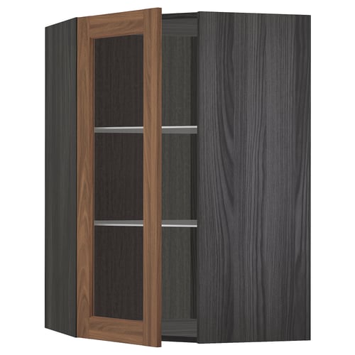 METOD kitchen unit with dark wood grain doors, one open, displaying metal shelves.