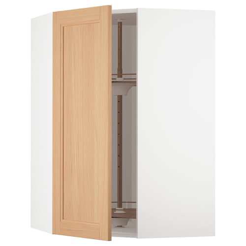 Open wood cabinet, light oak door, white frame, interior shelves.