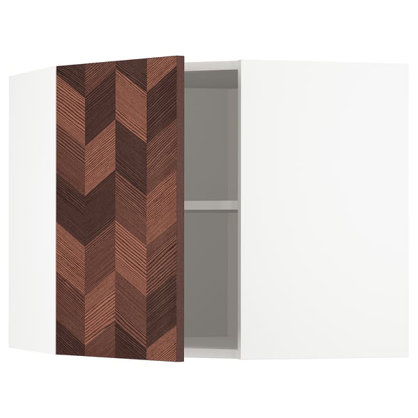 METOD kitchen unit with herringbone patterned brown wood door, white frame, single shelf.