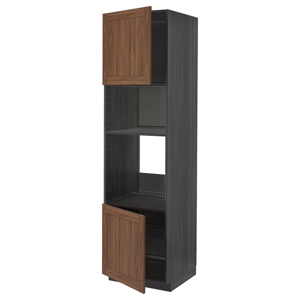 A tall, dark grey kitchen cabinet with two wooden doors and adjustable shelves. The doors are open, revealing the black metal racks inside.