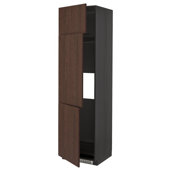 METOD kitchen cabinet; dark brown sinarp wood; tall, three doors.
