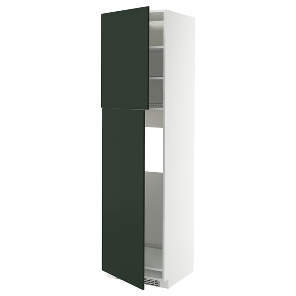 Tall green kitchen cabinet with white frame and shelves.