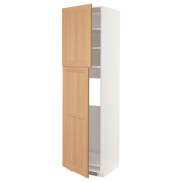 White cabinet with light wooden doors.