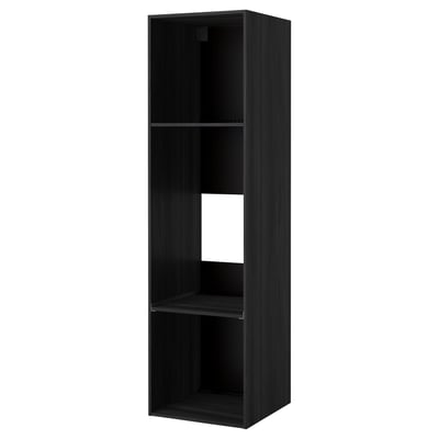 A black METOD kitchen cabinet with a rectangular shape and open shelves. Its made of particleboard and has a sleek, modern design.
