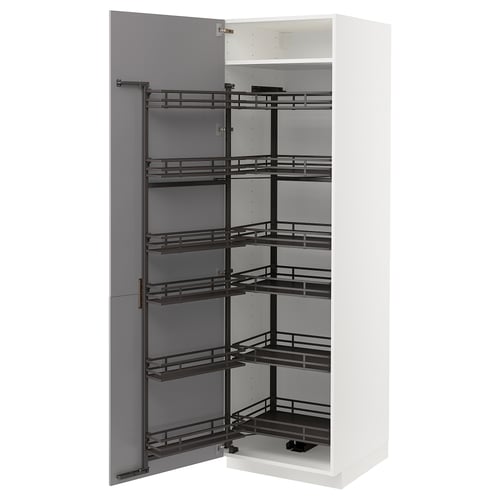 White METOD cabinet with grey pull-out shelves.