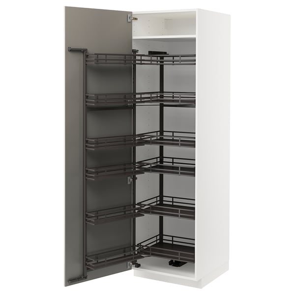 A white METOD kitchen cabinet with a pull-out organiser in grey and black, offering multiple shelves for storage.