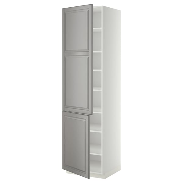 White and grey METOD kitchen cabinet with three shelves.