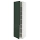 Modern tall kitchen cabinet with dark green doors and white frame.