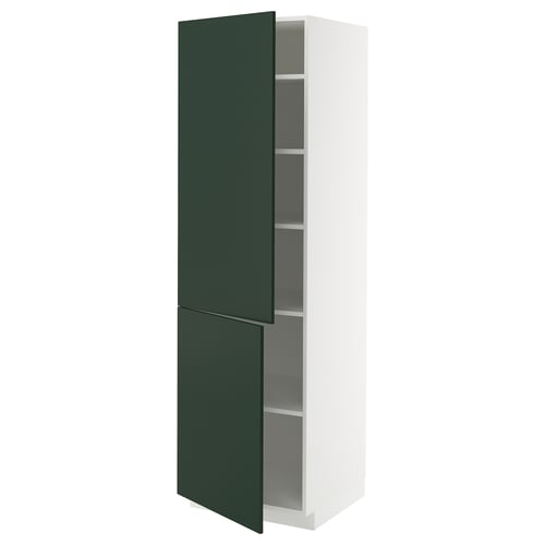A white METOD kitchen cabinet with green doors. It has open shelves inside. The cabinet modern design and snap-on hinges.