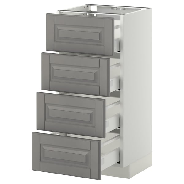 A grey METOD kitchen cabinet with four open drawers. It a modern design with bevelled drawer edges and a sturdy structure.