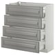 Modern grey kitchen drawer unit, four silver handles, white frame, sleek design.