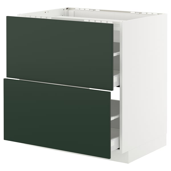 A white ikea METOD kitchen unit with dark green drawers. It has two large drawers and a cabinet top.