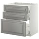 Modern kitchen unit, METOD by IKEA. Three grey drawers, white base, bevelled edges, sturdy frame.