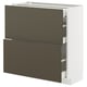 Modern kitchen units in dark brown with white frame, flat design, drawers and shelves.