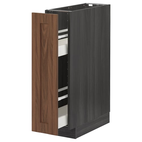 METOD kitchen cabinet with walnut finish, dark grey frames, wooden drawer, and shelves.