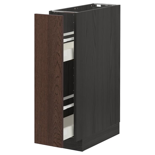 A dark brown ikea METOD kitchen cabinet with oak veneer and a pull-out drawer.