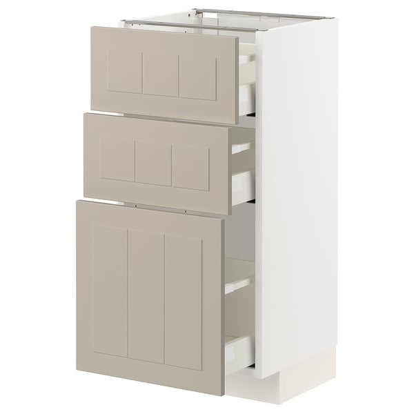 Ikea METOD kitchen unit with beige stensund fronts, white, rectangle, three drawers, shaker-style.