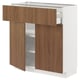 Modern kitchen cabinet, METOD line. White and brown wood grain, sleek design, open shelves, and drawers with minor details.