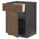 Modern kitchen cabinet with walnut finish, open drawer, door ajar, grey shelves.