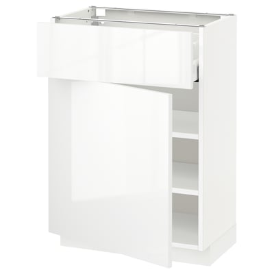 White kitchen cabinet with glass door, sleek modern style, high gloss finish.