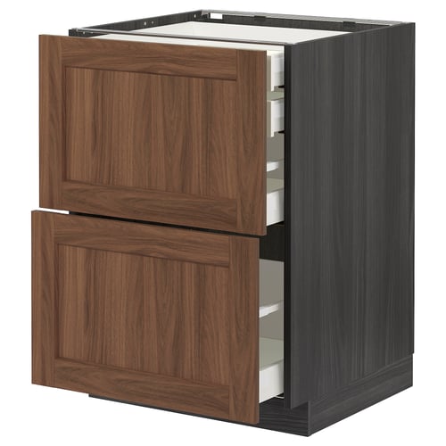 A dark brown METOD kitchen cabinet with multiple drawers in a wooden finish.