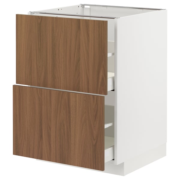 White METOD cabinet with walnut drawers, sleek and modern design.