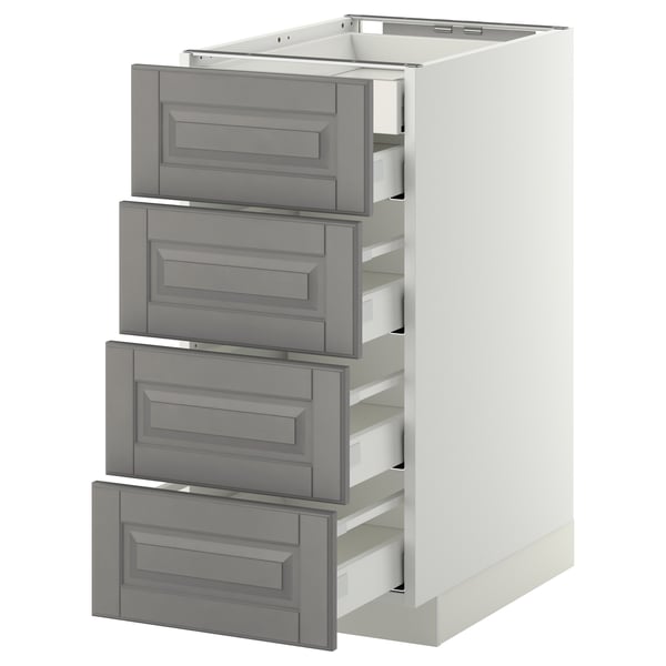 White METOD cabinet with 4 grey bodbyn drawers, bevelled edges, partially open.