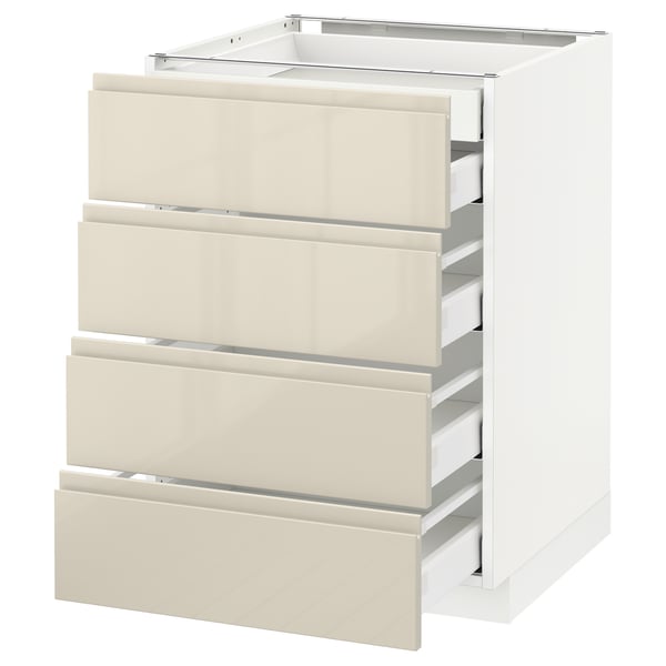Vertical IKEA METOD cabinet with 5 glossy beige drawers for modern kitchen.