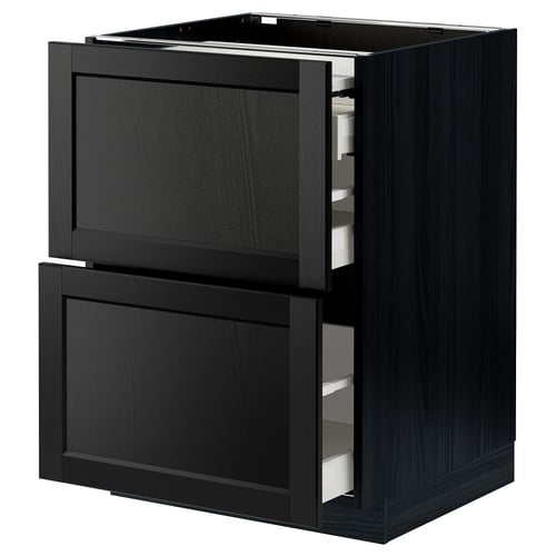 Black stained kitchen cabinet with two open drawers, modern design.