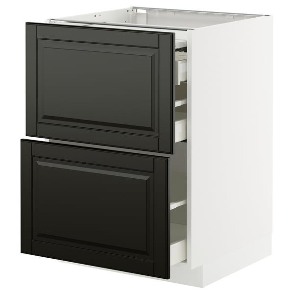 Modern black-finished kitchen cabinet with multiple drawers and shelves.