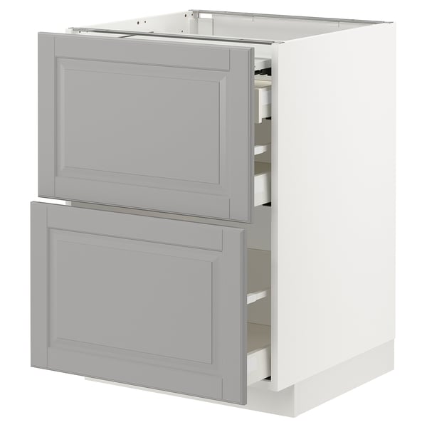 White kitchen cabinet with grey drawers, 3 compartments.