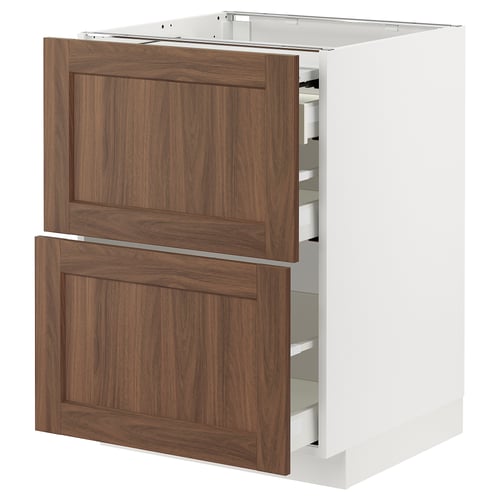 Walnut-colored METOD kitchen cabinet with two drawers.