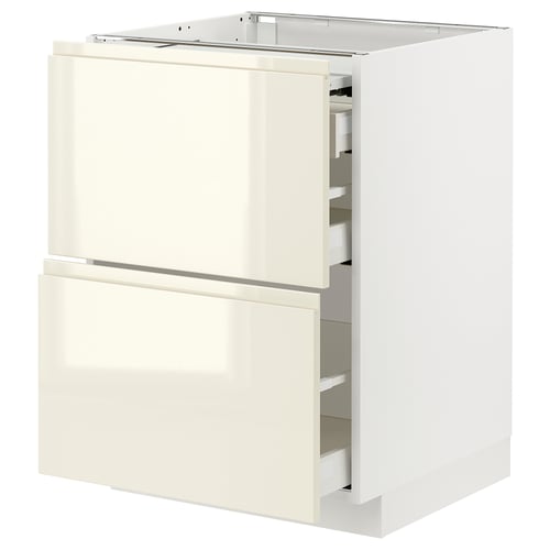 Depicts a white kitchen cabinet unit with two drawers and a pull-out work surface, featuring a sleek high-gloss beige finish.