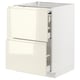 Depicts a white kitchen cabinet unit with two drawers and a pull-out work surface, featuring a sleek high-gloss beige finish.