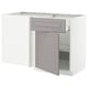 A white METOD kitchen corner unit with soft grey bodbyn fronts, featuring a shelf and hinge system, designed for versatile kitchen storage.