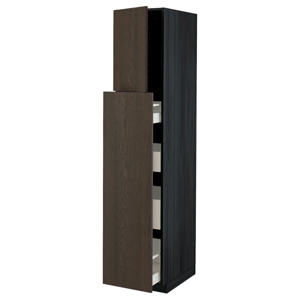 A dark brown METOD kitchen cabinet with a wooden texture. It two sections: an upper closed storage and a lower section with open shelves.