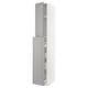 A tall, white and grey storage cabinet with two adjustable shelves and a door. It has a modern design with bevelled edges.