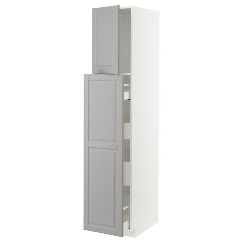 Tall grey kitchen cabinet with pull-out shelves, modern design.