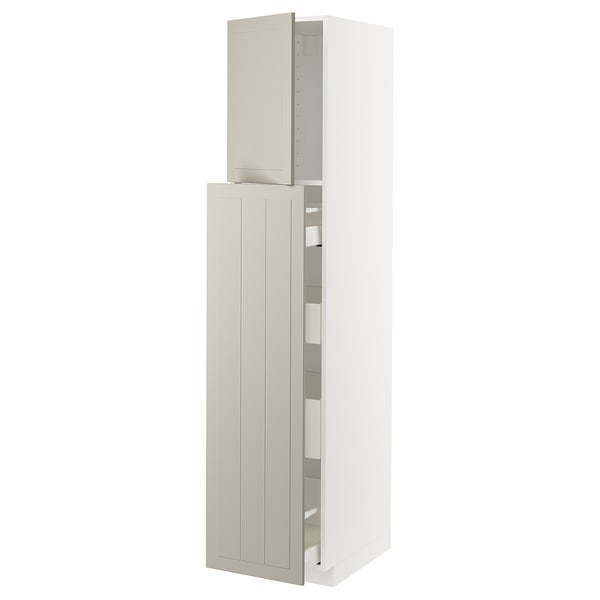 A tall, beige METOD kitchen cabinet with two open doors revealing shelves inside.