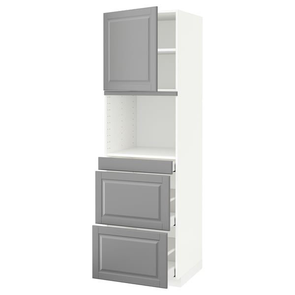 White kitchen cabinet with grey door, two drawers, classic design.