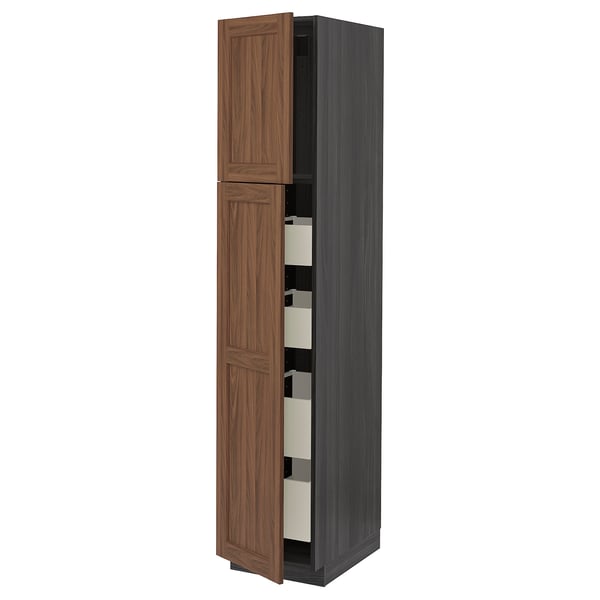 Ikea METOD walnut-brown kitchen cabinet with wooden doors and organizers.