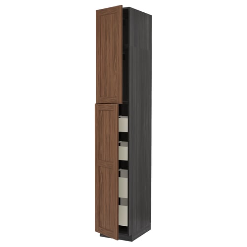 Tall kitchen cabinet with walnut-colored doors and shelves.