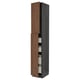 Tall kitchen cabinet with walnut-colored doors and shelves.
