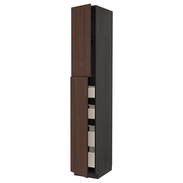 A tall, dark brown wooden kitchen cabinet with two tall doors and open shelves. It clean lines and a modern design.
